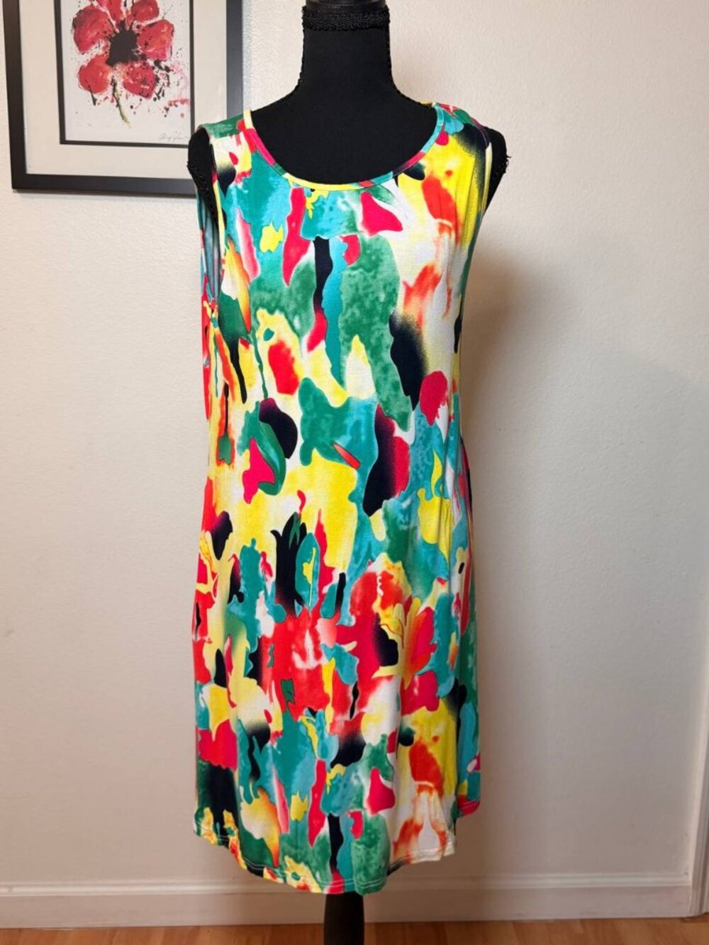 Bold Watercolor Tie-Dye Swing Dress XL Colorful Boho Vacation Resort Sleeveless